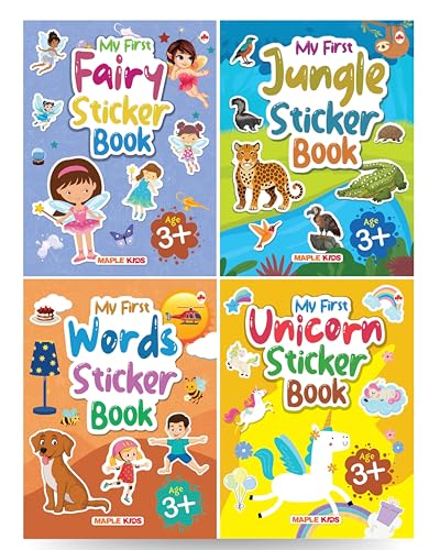 Sticker Books (Set of 4 Books) - Fairy, Jungle, Words, Unicorn - Activity Books for Kids - Stickers for Children - Age 3+ Years