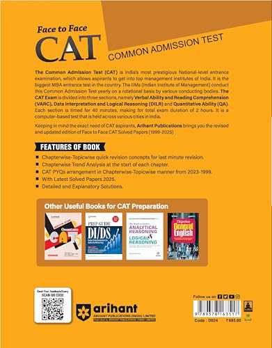 Arihant Face to Face CAT | 27 Years Chapterwise & Topicwise Solved Papers (1999–2025) | Latest CAT PYQs with Detailed Solutions, Trend Analysis & Quick Revision Concepts | English Medium