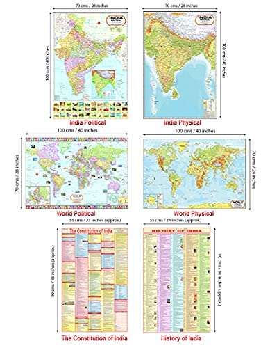 India & World Map ( Both Political & Physical ) with Constitution of India and History of India Chart | LAMINATED SET OF 6 Maps & Charts | Useful for UPSC, SSC, IES and other competitive exams