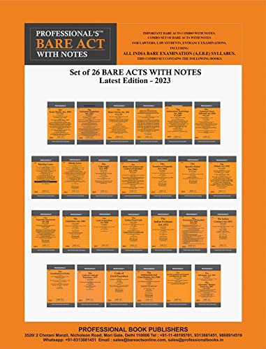 Important Bare Acts set with notes. Combo of 26 Books/ Bare Acts with notes for Lawyers, Law Students, Entrance Examinations, including All India Bare Examination (A.I.B.E) Syllabus
