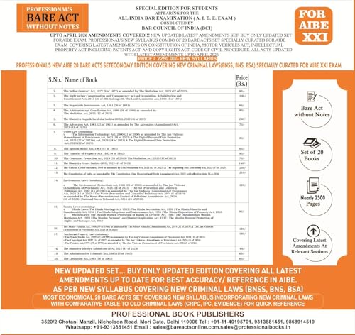 PROFESSIONAL'S NEW SYLLABUS ECONOMY EDITION Bare Acts without Notes for AIBE as per BCI Guidelines- New & Updated Set of 20 Books covering latest amendments includes New Criminal Laws (BNSS, BNS, BSA)
