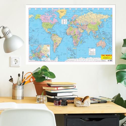 World Map Educational Wall Chart – Double-Sided Laminated Poster with Detailed Continents, Countries & Oceans, Learn Geography, Ideal for Kids, Students, School, Classroom & Home Learning, 48x73 cm
