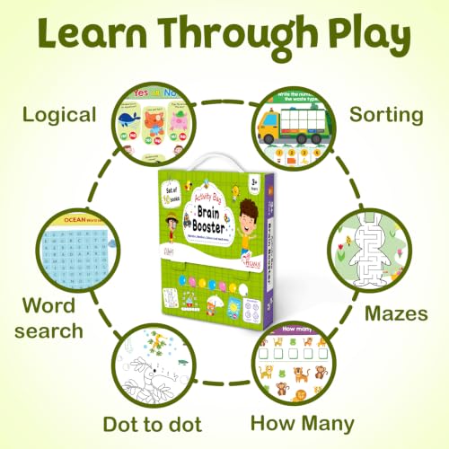 Brain Booster Activity Bag for Kids & Children |Set of 10 Books| Dot to Dot,Look & Find,How Many,Mazes,Difference,Reasoning,Sort,Word Search,Jumble