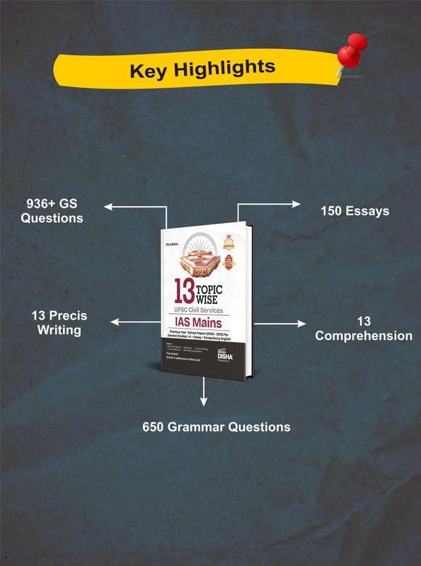 Disha 13 Topic-wise UPSC Civil Services IAS Mains Previous Year Solved Papers (2025 to 2013) for General Studies 1 - 4, Essay & Compulsory English 7th Edition | PYQs Question Bank | For 2026 Exam