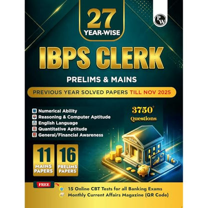PW IBPS Clerk 27 Year-wise Prelims & Mains Previous Year Solved Papers Till Nov 2025 with 15 Online CBT Tests For Exam 2026-27 | 3750 PYQs | English Edition