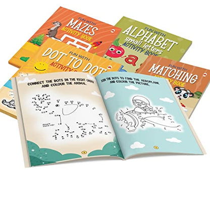 Brain Booster Activity Book Set (Set of 10 books) (Colourful Pages) - 3 Years to 5 Years Old - Learn and Practice ABC Capital and Small Letters, Mazes, Spot the Difference, Pencil Control, Dot to Dot, Mathematics - Fun Early Learning
