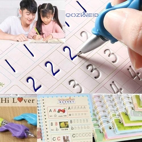 QOZWEID Magic Calligraphy, Homeschool Supplies, Preschool workbook, Numbers & English & Drawing & Mathematics Auto Fade Pen & 4 Books - 10 Riffile 1 Grip 1 pen (model -2026) size 19x3 cm