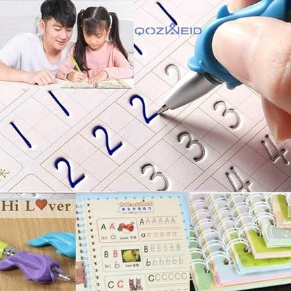 QOZWEID Magic Calligraphy, Homeschool Supplies, Preschool workbook, Numbers & English & Drawing & Mathematics Auto Fade Pen & 4 Books - 10 Riffile 1 Grip 1 pen (model -2026) size 19x3 cm