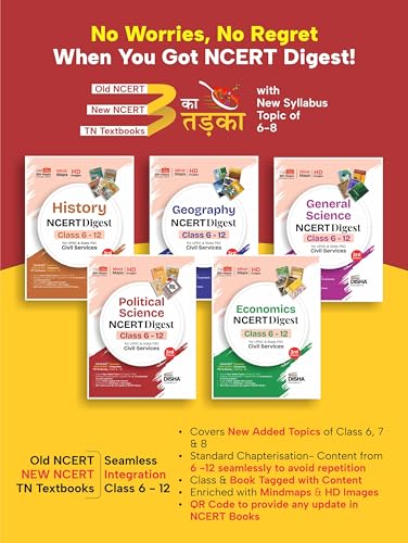 Disha Combo (5 Books) History, Political Science, Economics, Gen Science & Geography NCERT Digest (Class 6 - 12) for UPSC & State PSC Civil Services 3rd Edn | Old + New NCERT + TN | Prelims & Mains