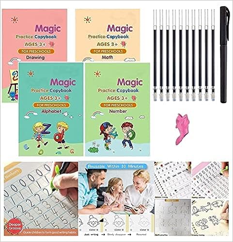ZOQWEID Magic Practice Copybook (4 BOOK + 1 pen + 10 REFILL) Number Tracing Book for Preschoolers with Pen, Magic Calligraphy Copybook Set(19*13 CM) 2026: ENGLISH