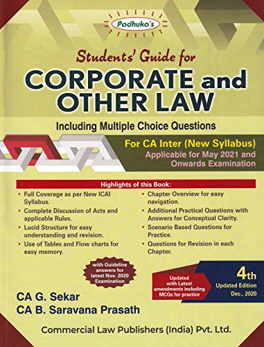 Padhukas Students Guide for Corporate and Other Law Including MCQs for CA Final - 4/E, July 2020 book cover