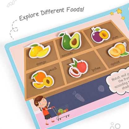Intelliskills Premium Pick N' Stick Food Montessori Activity Busy Book with Reusable Stickers|Early Learning Activity Book for 2+Years Old|Sticker Book For Kids|Best Birthday Gift for Children|English