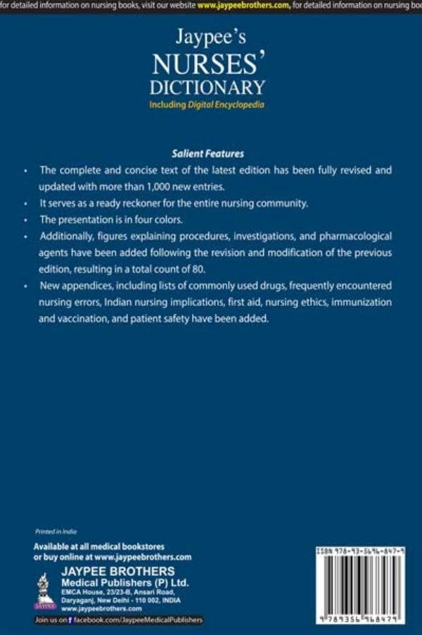 Jaypee's Nurses' Dictionary, 6/E for Nurses & Allied Healthcare Professionals | 1000+ New Entries, 80 Illustrations, Digital Encyclopedia and Appendices on Drugs & First Aid