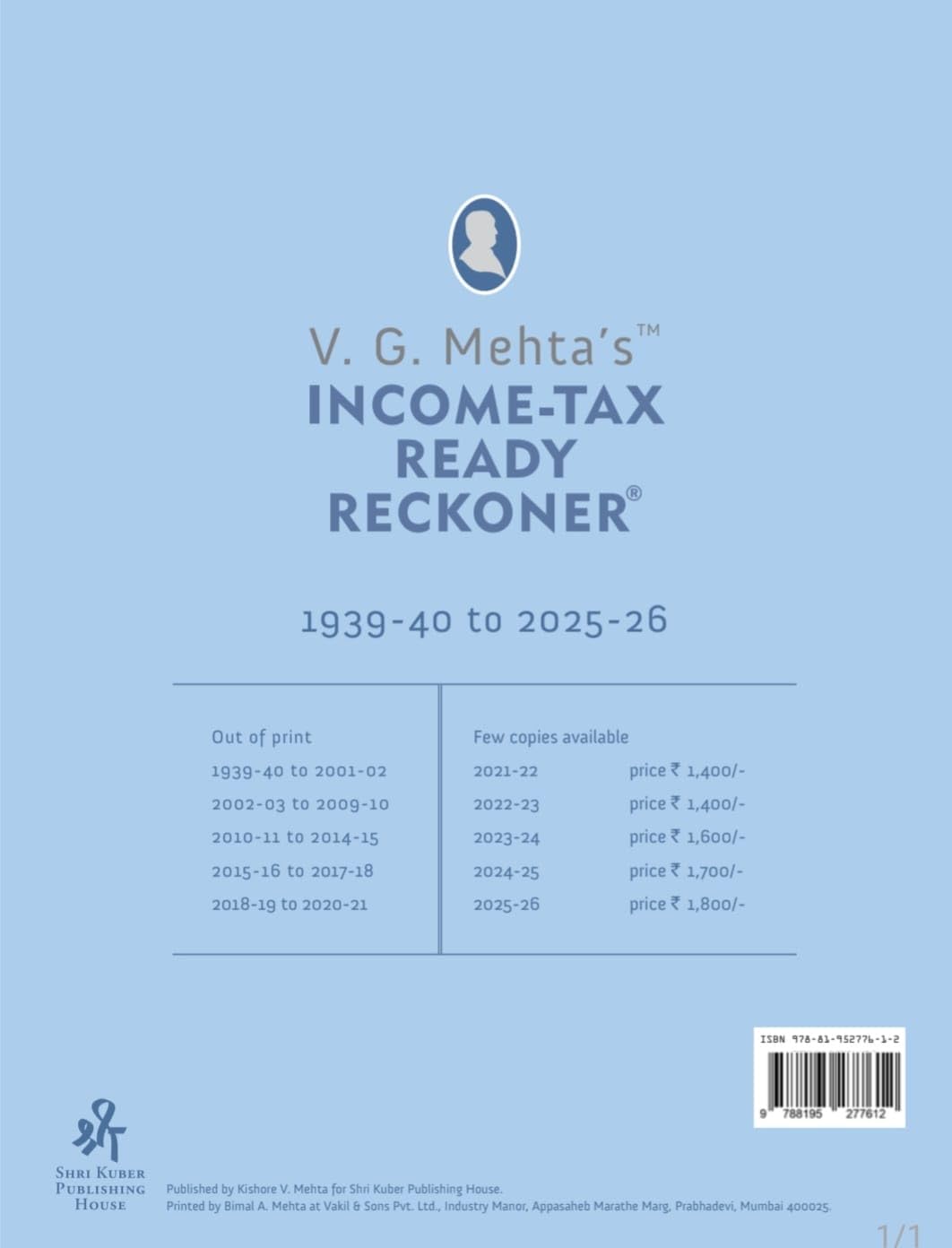 V.G.Mehta's Income Tax Ready Reckoner (DTRR) - AYs 2026-27 - 88th Edition - [Finance Act 2026] - As per ITA 1961 | ITA 2025 | ITR 2026