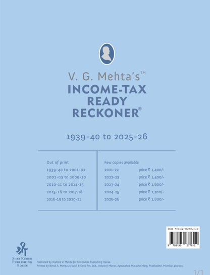 V.G.Mehta's Income Tax Ready Reckoner (DTRR) - AYs 2026-27 - 88th Edition - [Finance Act 2026] - As per ITA 1961 | ITA 2025 | ITR 2026