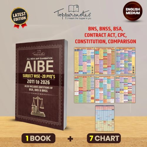 Toppersnotes All India Bar Examination (AIBE) Subject Wise PYQ's Study Material, Set of 1 Book + 7 Charts, English, Latest Edition
