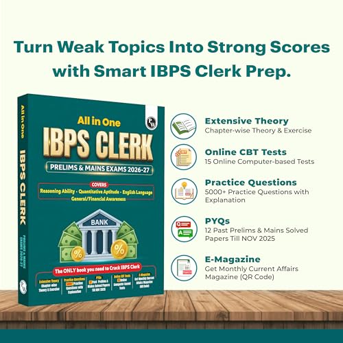 PW All in One IBPS Clerk 2026 Book Prelims & Mains Exams | Chapterwise Theory and Exercises | 12 Previous Year Solved Papers PYQ Till Oct 2025 and 15 Online CBT Tests English Edition