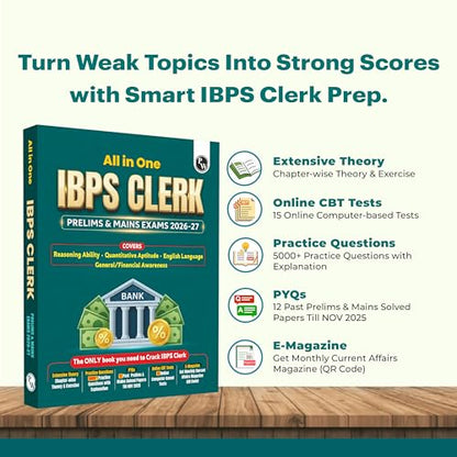 PW All in One IBPS Clerk 2026 Book Prelims & Mains Exams | Chapterwise Theory and Exercises | 12 Previous Year Solved Papers PYQ Till Oct 2025 and 15 Online CBT Tests English Edition