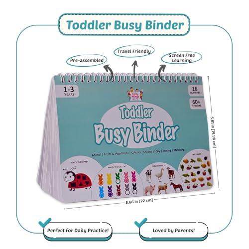 Little Minds at Work Toddler Busy Binder Activity Book for Kids 1 - 4 Years | 16 Reusable Early Learning Preschool Montessori Activities | Travel-Friendly, Screen-Free Educational Toy