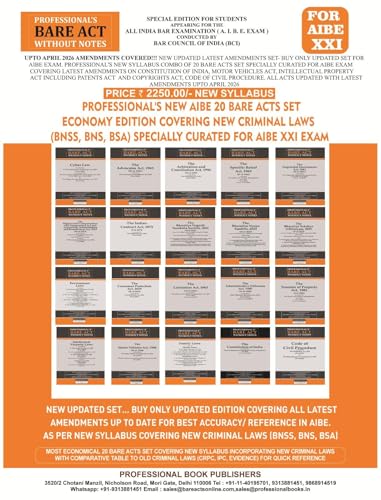 PROFESSIONAL'S NEW SYLLABUS ECONOMY EDITION Bare Acts without Notes for AIBE as per BCI Guidelines- New & Updated Set of 20 Books covering latest amendments includes New Criminal Laws (BNSS, BNS, BSA)