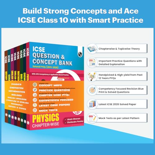 PW Class 10 ICSE Question & Concept Bank 2027 Physics, Chemistry, Maths, Biology, English Paper 1 (Language), English Paper 2 (Literature), Geography, History and Civics Combo Set of 8 Books