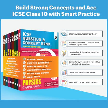 PW Class 10 ICSE Question & Concept Bank 2027 Physics, Chemistry, Maths, Biology, English Paper 1 (Language), English Paper 2 (Literature), Geography, History and Civics Combo Set of 8 Books