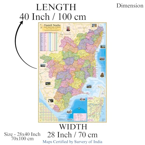 Tamil Nadu State Map in English Language,Size: 40"x28"inch. With Important Fact and Figure. Office Use,Tourism Purpose, Students and Aspirants of UPSC,PCS,SSC,RAILWAY Exam and Other Competitive Exam