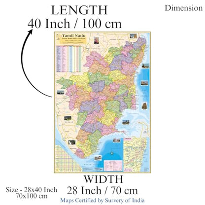 Tamil Nadu State Map in English Language,Size: 40"x28"inch. With Important Fact and Figure. Office Use,Tourism Purpose, Students and Aspirants of UPSC,PCS,SSC,RAILWAY Exam and Other Competitive Exam