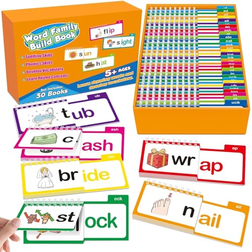 SHNMN 30PCS Read and Rhyme Flip Books, Interesting Word Family Flip Books, ABC Vocabulary Cards, Sight Words Flash Cards Kindergarten, Read and Rhyme Flip Activity Book