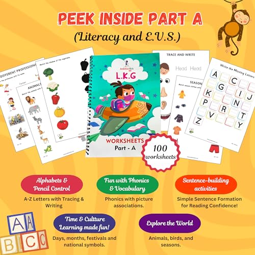 AmbitionKids - Preschool LKG Worksheets - Part A & B - 150+ Pages for Alphabet, Math, Phonics, Shapes, and Early Learning Success