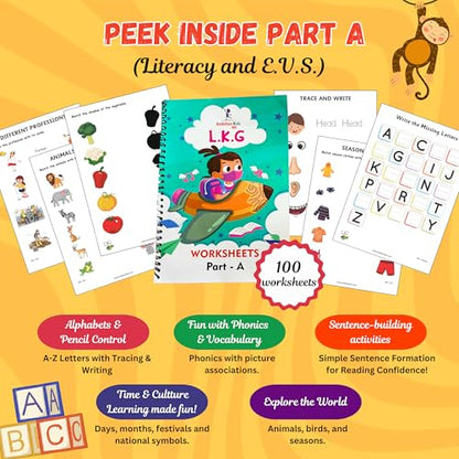 AmbitionKids - Preschool LKG Worksheets - Part A & B - 150+ Pages for Alphabet, Math, Phonics, Shapes, and Early Learning Success