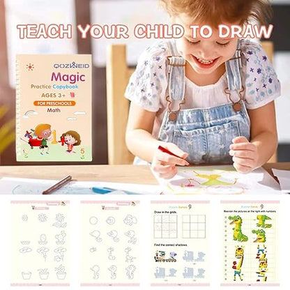 QOZWEID Magic Calligraphy, Homeschool Supplies, Preschool workbook, Numbers & English & Drawing & Mathematics Auto Fade Pen & 4 Books - 10 Riffile 1 Grip 1 pen (model -2026) size 19x3 cm