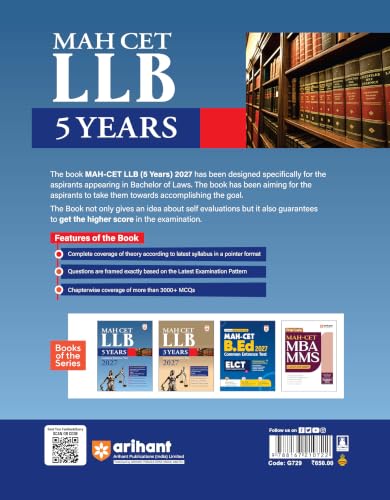 Arihant MAH CET LLB 5 Years Entrance Exam 2027 | Complete Guide for Legal Aptitude, Legal Reasoning, GK, English & Logical Reasoning | 3000+ MCQs, Chapterwise PYQs & Solved Paper 2026
