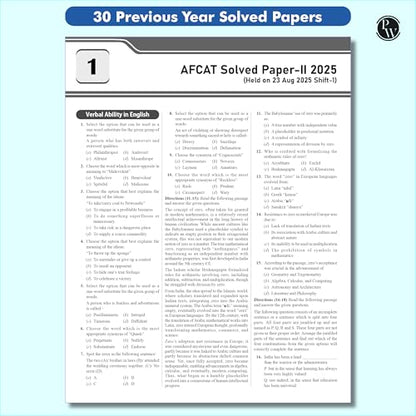 PW 30 AFCAT Previous Years' Solved Papers (2025 - 2011) with August 2025 Paper For Flying, Technical & Ground Duty (Non-Technical) Branches 2026 Exam | PYQs | 10 Practice Sets
