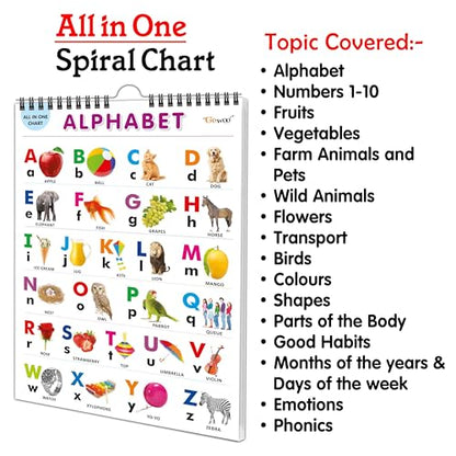 My First ALL IN ONE SPIRAL CHART : With 16 Topics ( Big Fonts and Realistic Pictures) | Gift Set For Kids