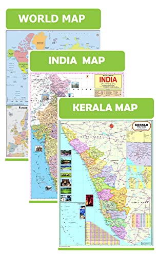 Kerala Map, India & World 47x65 cm (19x26 Inch) Mega Size (3 Charts) - Laminated Early Learning Education Wall Picture Chart | Kerala State, India and World Political Map