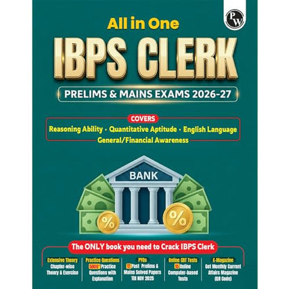 PW All in One IBPS Clerk 2026 Book Prelims & Mains Exams | Chapterwise Theory and Exercises | 12 Previous Year Solved Papers PYQ Till Oct 2025 and 15 Online CBT Tests English Edition