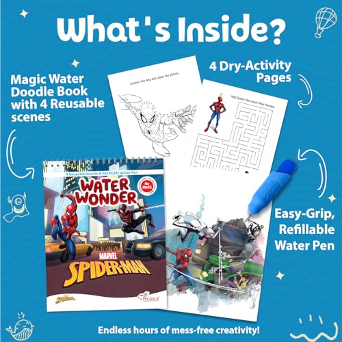 Pegasus Magic Water Book with refillable magical pen for kids 2-5 years - Spiderman | Reusable coloring books for children - self drying with no mess ... 3 + (Reusable Water Wonders Coloring Book)