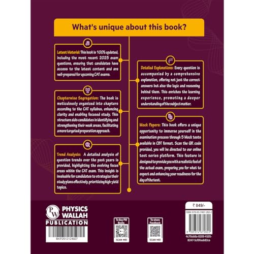 PW CAT 9 Years Chapterwise & Topicwise Previous Years Solved Questions (2025-2017) and 5 Mock Papers (CBT Mode) with Detailed Explanations | Included Mind Maps & Trend Analysis