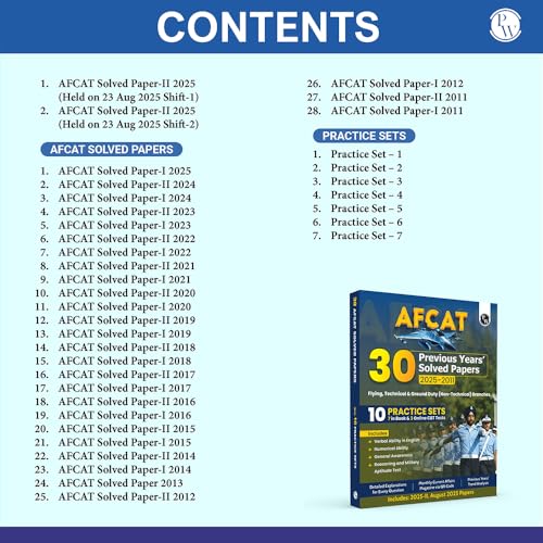 PW 30 AFCAT Previous Years' Solved Papers (2025 - 2011) with August 2025 Paper For Flying, Technical & Ground Duty (Non-Technical) Branches 2026 Exam | PYQs | 10 Practice Sets