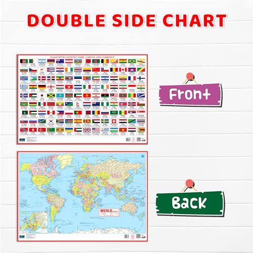 World Map And Flags 2in1 Double Side Printed Laminated 20 Inch x 30 Inch water proof With Country Name, Capital And Currency Chart For Kids Geography Learning Poster For School Classroom And Home