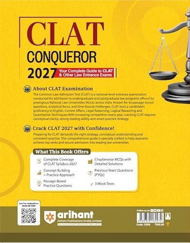 Arihant CLAT Preparation Guide 2027 | CLAT Conqueror | Legal Reasoning, English, Quantitative Aptitude, Logical Reasoning, Current Affairs | PYQs 2026-2025 | 2000+ MCQs & 3 Practice Sets
