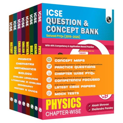 PW Class 10 ICSE Question & Concept Bank 2027 Physics, Chemistry, Maths, Biology, English Paper 1 (Language), English Paper 2 (Literature), Geography, History and Civics Combo Set of 8 Books