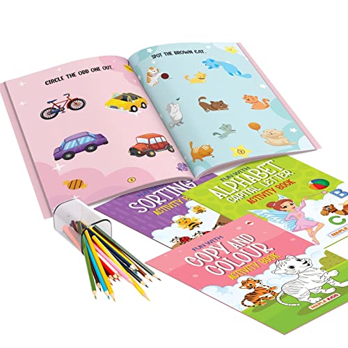 Brain Booster Activity Book Set (Set of 10 books) (Colourful Pages) - 3 Years to 5 Years Old - Learn and Practice ABC Capital and Small Letters, Mazes, Spot the Difference, Pencil Control, Dot to Dot, Mathematics - Fun Early Learning