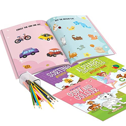 Brain Booster Activity Book Set (Set of 10 books) (Colourful Pages) - 3 Years to 5 Years Old - Learn and Practice ABC Capital and Small Letters, Mazes, Spot the Difference, Pencil Control, Dot to Dot, Mathematics - Fun Early Learning