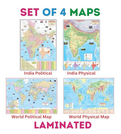 India & World Map (Both Political & Physical) - LAMINATED | Set of 4 Maps | Size - 70×100 cm | Use For Preparation Of UPSC, SSC, IES, etc Exams. | By Hivex Publication