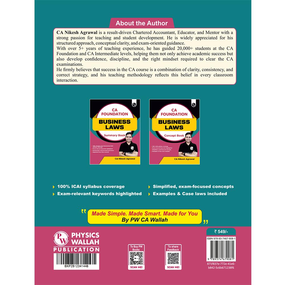PW CA Foundation Business Laws Concept Book By CA Nikesh Agrawal For May 2026 Exam | Concise Chapter-wise summaries | Exam Relevant Keywords Highlighted | Important Case laws