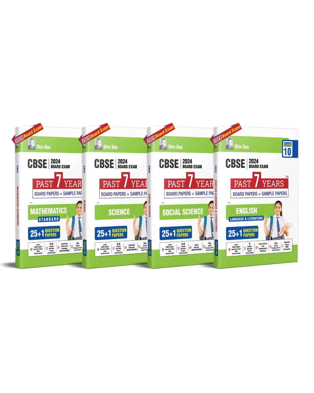 Shivdas CBSE Class 10 (PACK OF 4) Mathematics Standard Science Social Science English Language and Literature 25+1 Past 7 Years Solved Board Papers and Sample Papers (including Delhi and Outside Delhi ALL SETS) for 2024 Board Exams