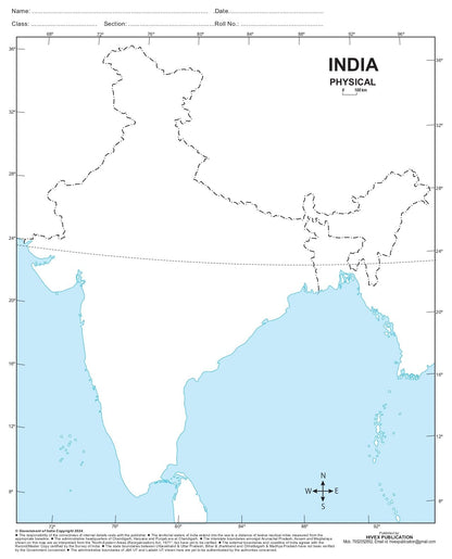 Outline Practice map of India Physical Map | A-4 Big Size | Set of 100 Maps | Printed on High Grade Paper | Multipurpose maps For School, College Assignments, Projects, Practical Paper etc.