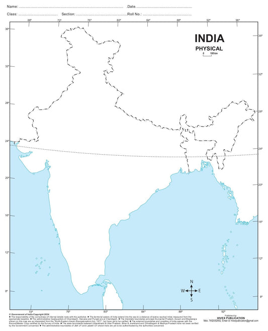 Outline Practice map of India Physical Map | A-4 Big Size | Set of 100 Maps | Printed on High Grade Paper | Multipurpose maps For School, College Assignments, Projects, Practical Paper etc.